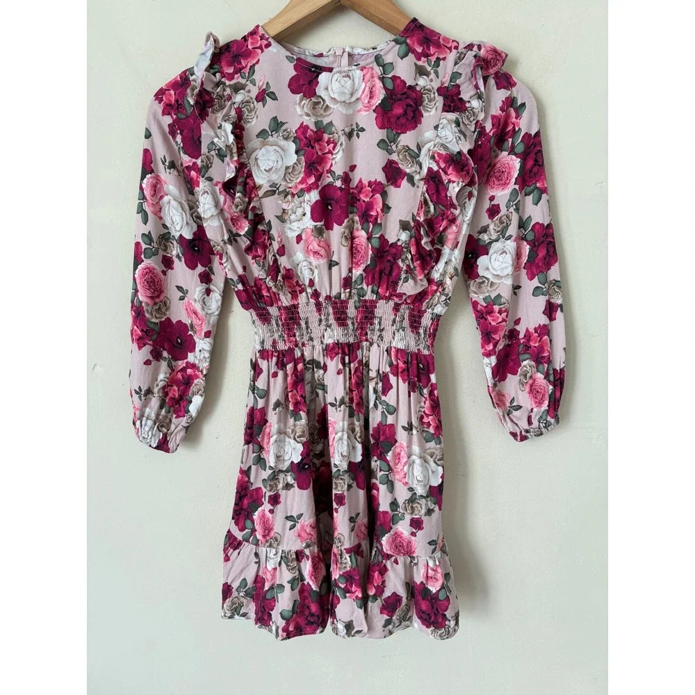 Mayoral Girl Pink Floral Ruffle Smocked Long Sleeve Dress Sz 8 128cm Cottagecore
